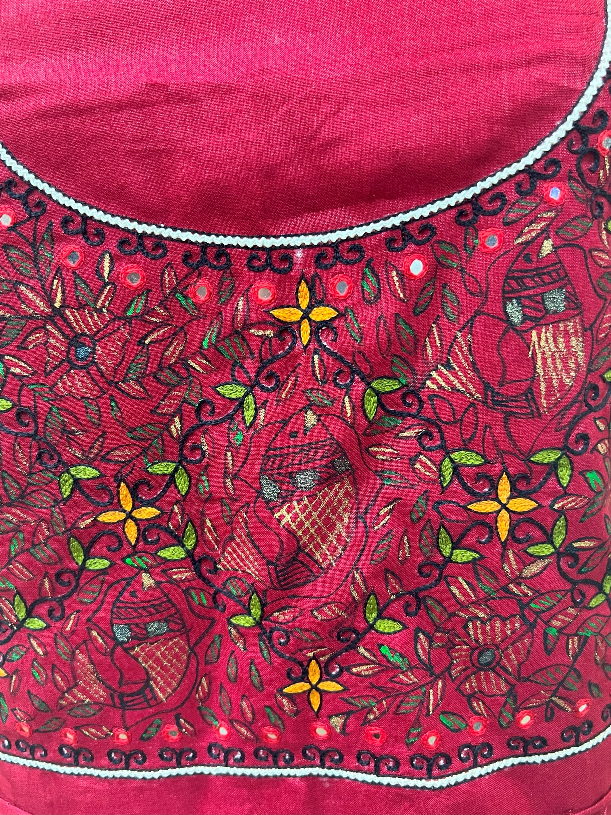 Handpainted Madhubani Blouse Piece on Half Tussar Silk - Maroon